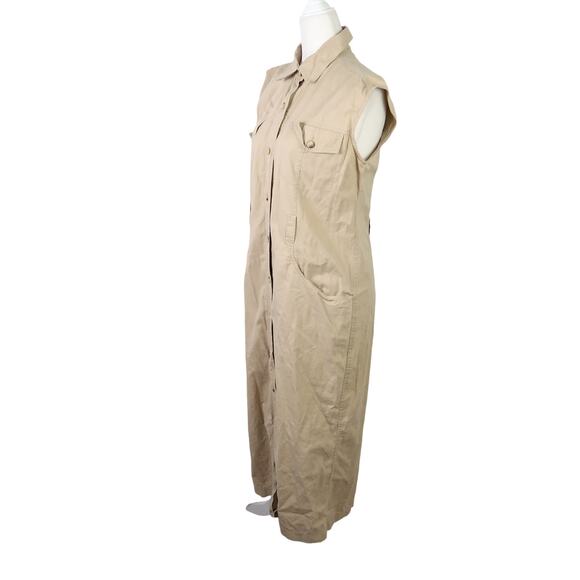 Vintage 90s Rafaella khaki tan button front sleeveless midi shirt dress 8 - Picture 3 of 5